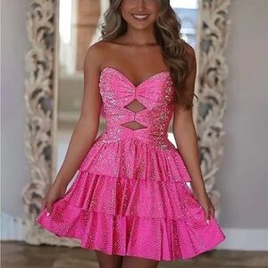 Glamorous Pink Strapless Dress with Ruffles